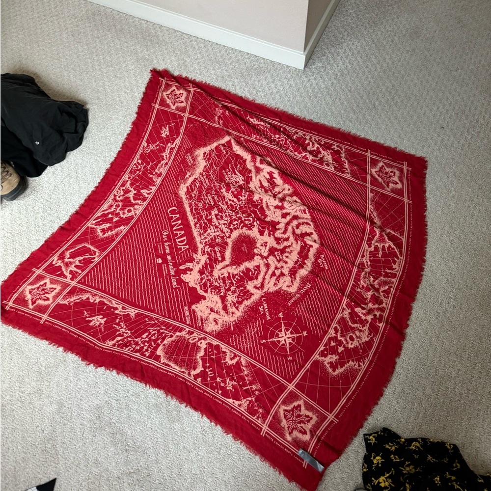 Roots Canada Red Wool Blend Canadian Map Wall Hanging Scarf Wrap 45" x 45"